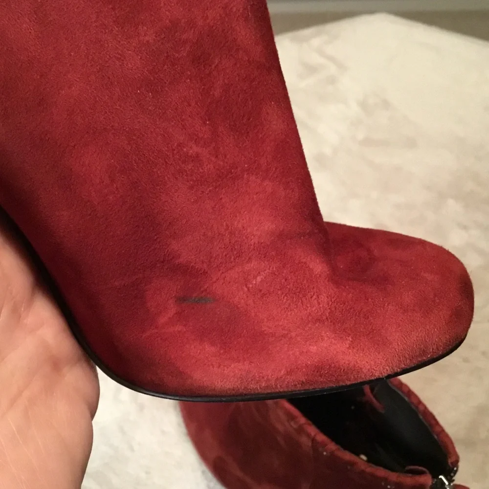 Karl Lagerfeld Sylvia Burgundy Red Chunky Heel Suede Ankle Boots Tassels - 6